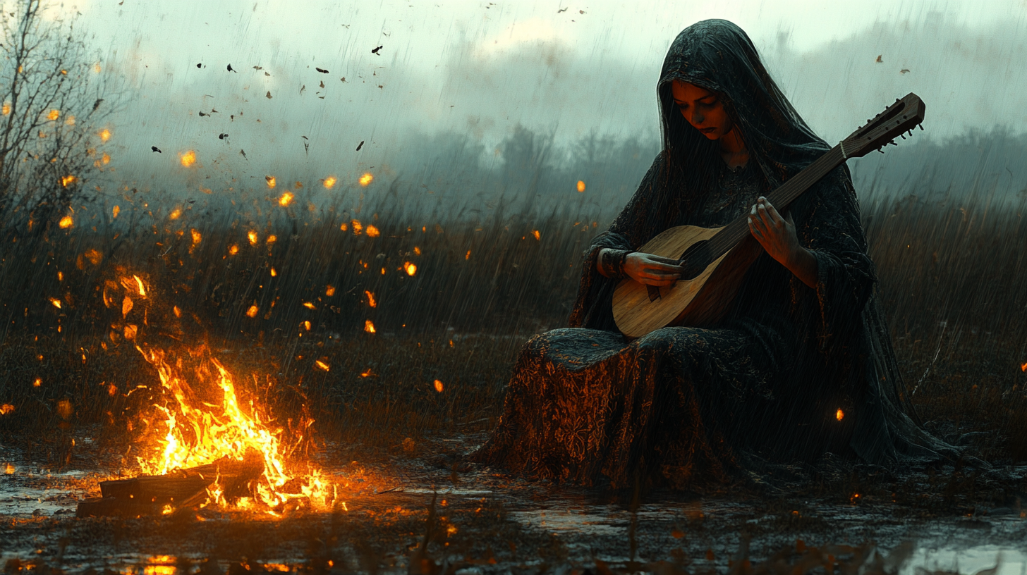 A bard sits in a gloomy, raining landscape, playing a lute in front of a dying campfire.