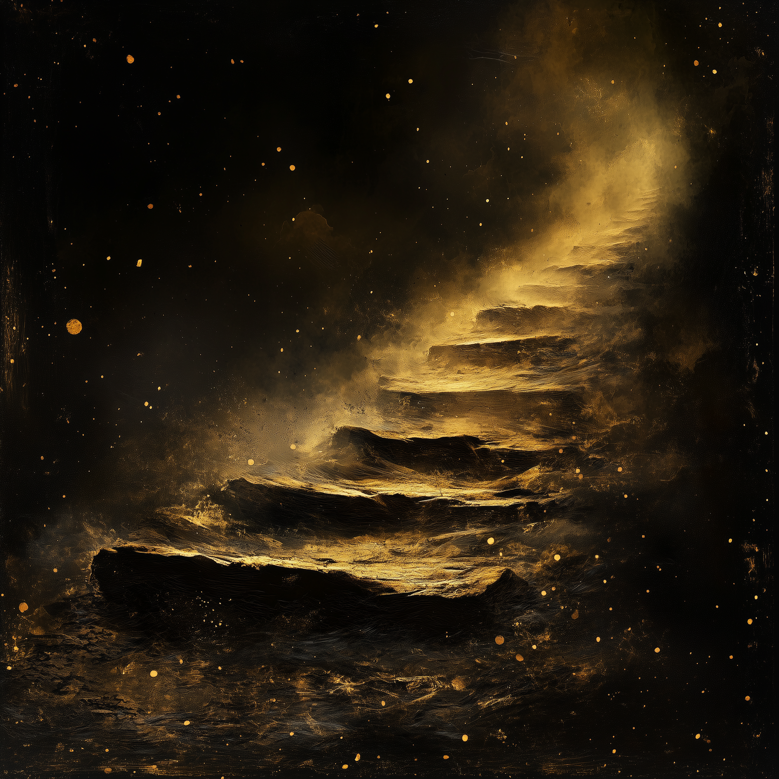 A worn set of sandstone stairs fading into the darkness.